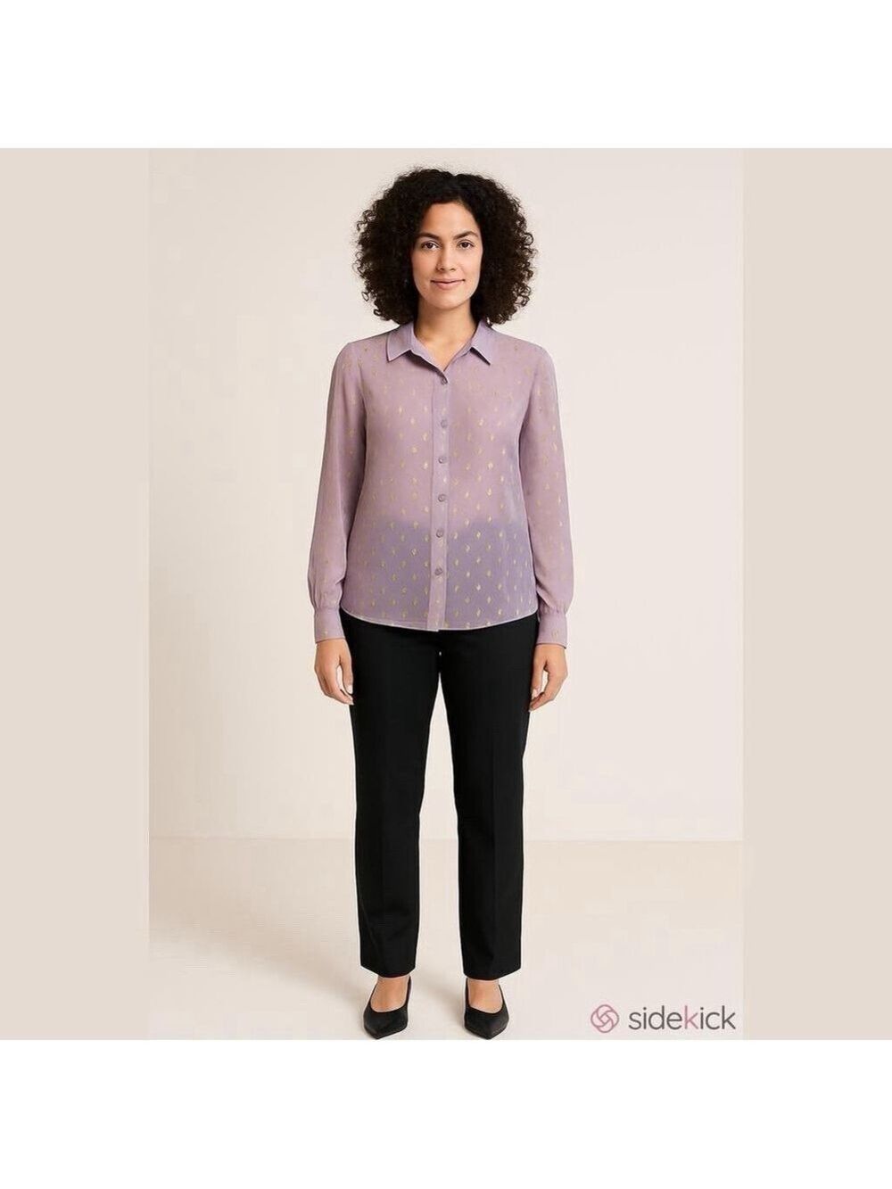 ModCloth Lavender w/ Metallic Gold Design Long Sleeve Button Top Shirt Blouse
